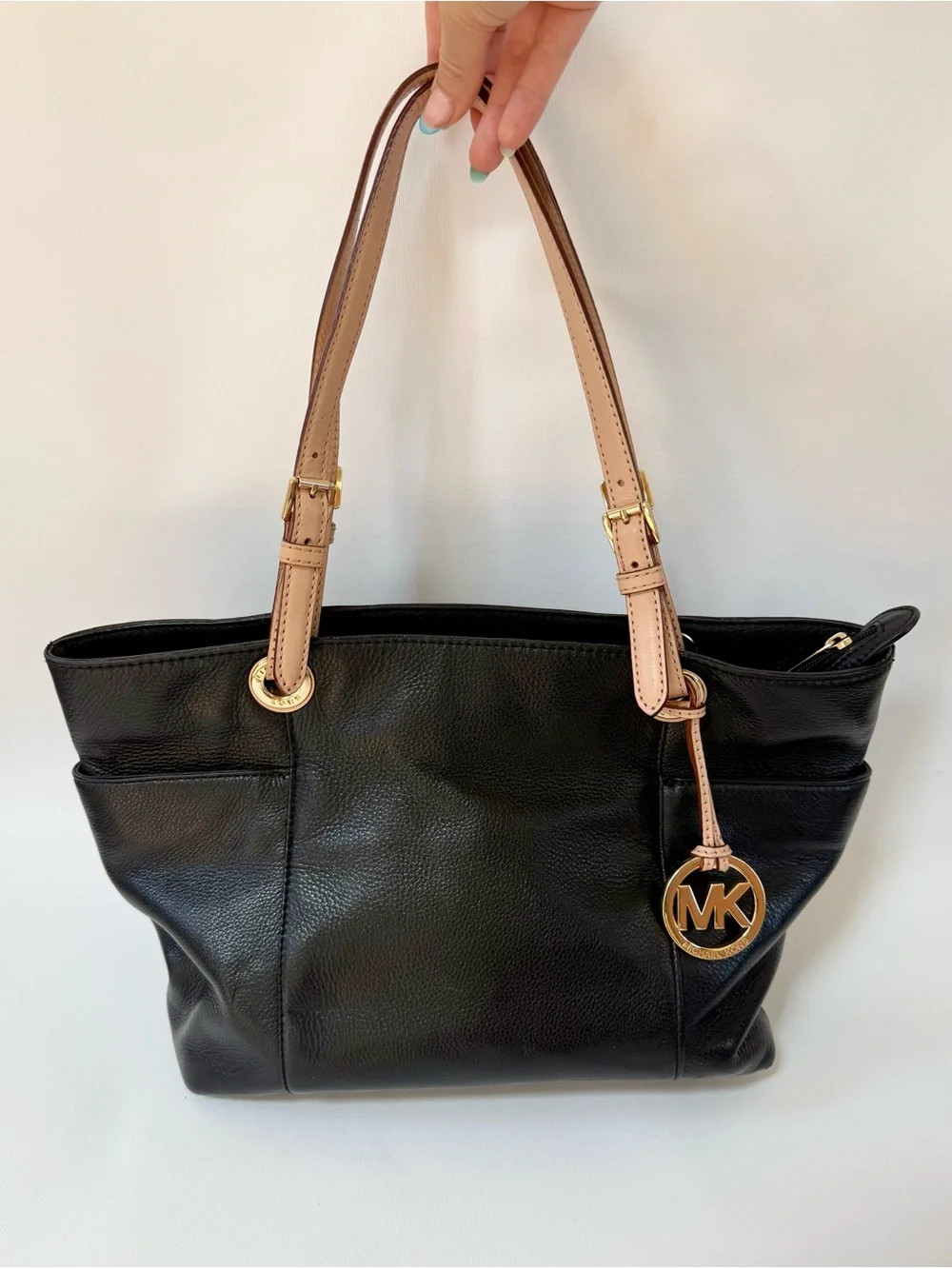 Michael Kors Black pebbled Leather Large Tote with Tan Handles